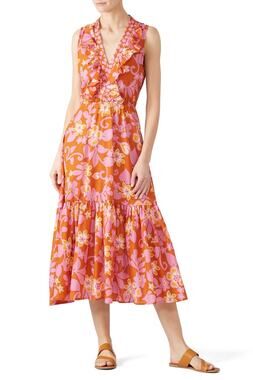 Warm Sierra Midi Dress Women's Size 3 Pink Orange Floral Ruffle Sleeveless RTR